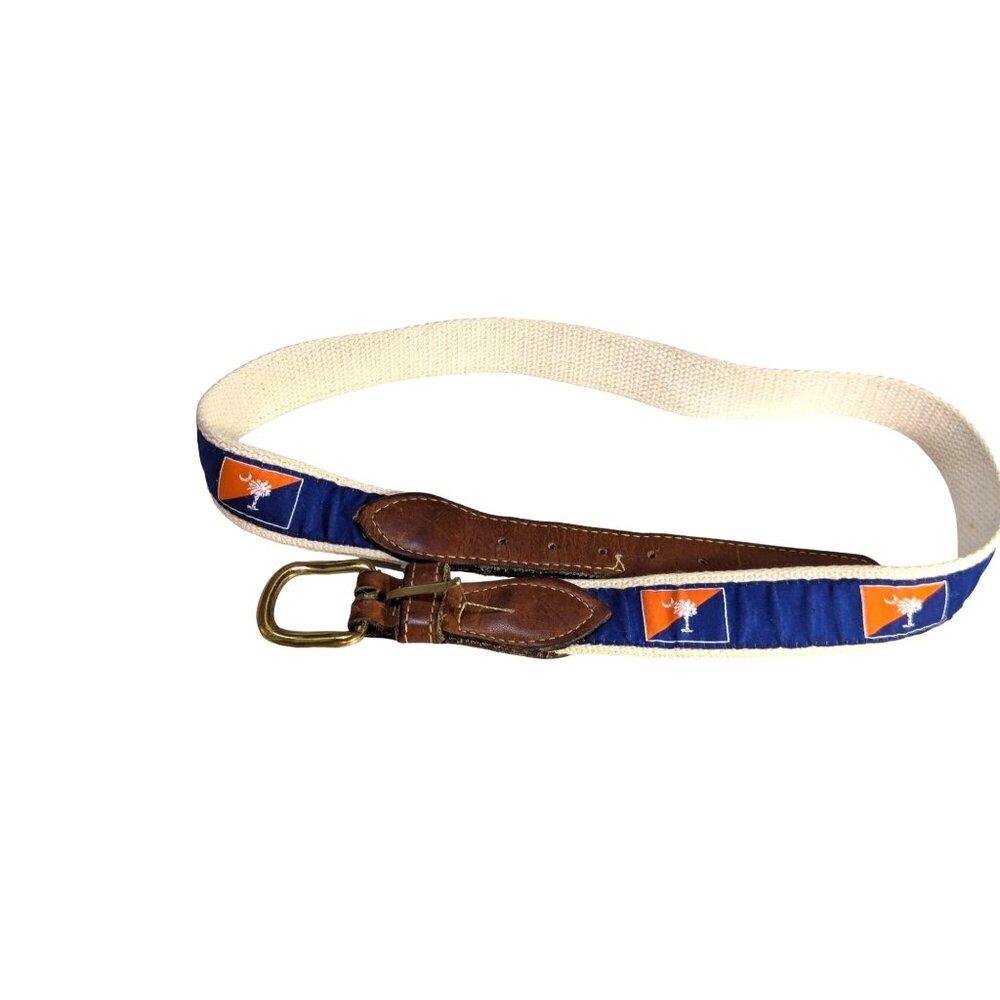 Mens 32" Canvas Leather Belt Brass Buckle Blue Orange Palmetto  South Carolina